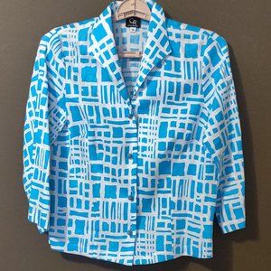 Connie Roberson 100% Silk Ronette Blue Bricks Blouse SIZE SMALL